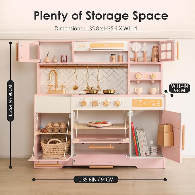 Pink Wooden Play Kitchen for Kids– Realistic Appliances, Storage & 15 Fun Accessories for Inspiring Pretend Play (Ages 3+)