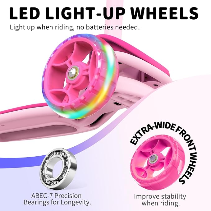 BELEEV A8 Scooter for Kids Ages 3-12, 3 Wheel Folding Scooter for Toddlers Girls Boys, LED Light-Up Wheels, 4 Adjustable Height, Lean to Steer, Extra Wide Wheels, Three Wheel Kick Scooter for Children