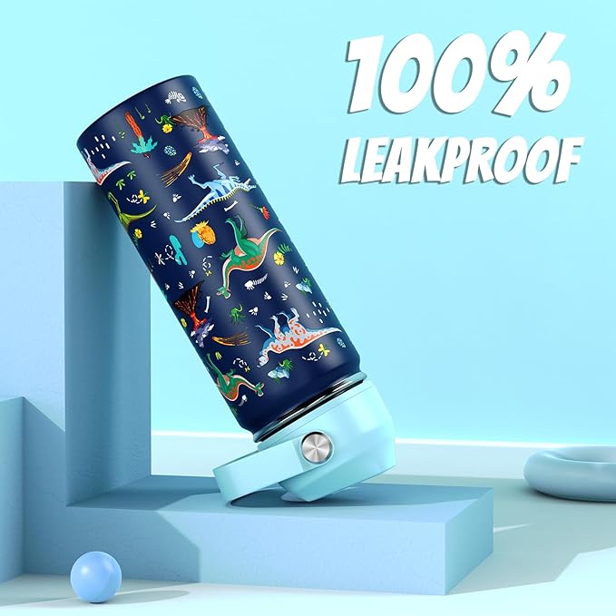 18oz Kids Insulated Water Bottle with Straw Lid - 18/8 Stainless Steel Kid Cup BPA-FREE Travel Tumbler Double Wall Vacuum Leak Proof Portable Toddler Water Bottle (Dinosaur)