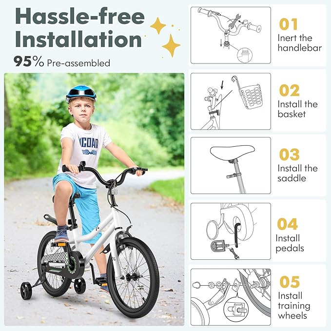 COSTWAY Kids Bike, 12 14 16 18 Inch Toddler Bike for Boys & Girls Aged 3-8 Years Old, Kids Bicycle w/Removable Training Wheels, Handbrake & Coaster Brake, Basket, Bell