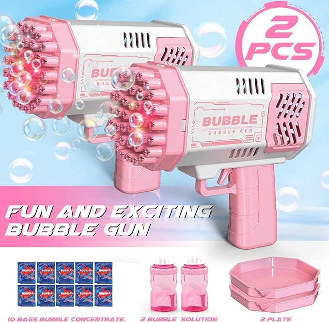 Dolanus Bubble Gun 2 Pack with 2 Bottles Bubble Solution, 40-Hole Light Up Dip Bubble Machine for Kids, Bubble Toy for 3 4 5 6 7 8 Years Old Boys Outdoor Indoor Kid Birthday Wedding Party(2*Pink)