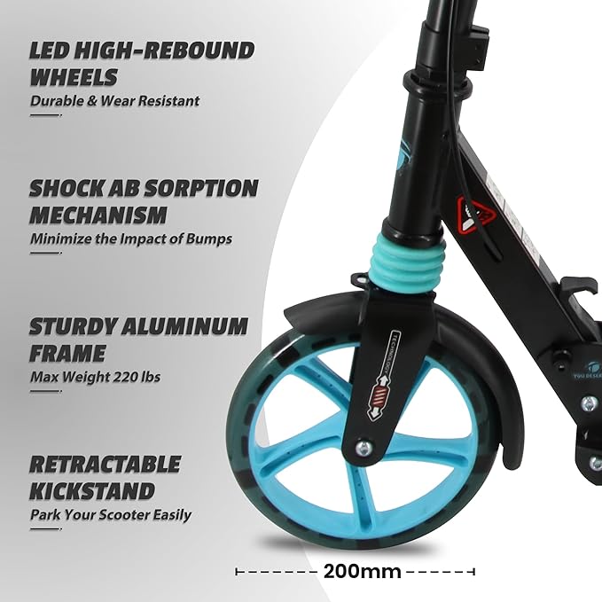Scooter for Kids Ages 8+ Teens & Adults, Lightweight Kick Scooter with Carry Strap Adjustable Height Equipped with Front handbrake and Rear Brake, Big Sturdy PU Flash Wheels