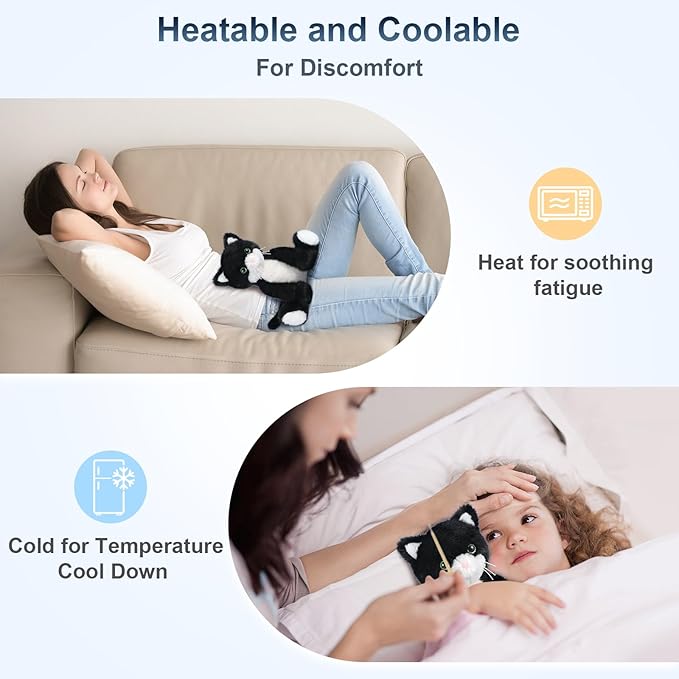 Heatable & Coolable Black and White Cat Stuffed Animal, Cat Heating Pad Microwavable for Soothing & Relaxation, Lavender Scented Tuxedo Cat Plush Toy for Stress Relief, Cat Toys for Kids