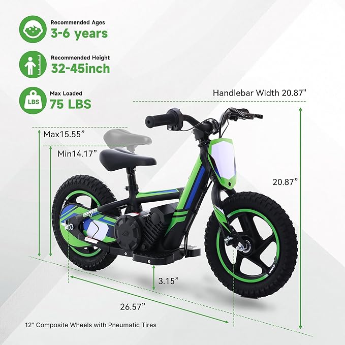 Lightweight Electric Dirt Bike for Kids,170W Racing Motorcycle for Ages 3-6, Detachable Battery, Adjustable Seat, Safe Speeds Up to 10 MPH, Mini Motocross Bike 12" Off Road Tires, Green