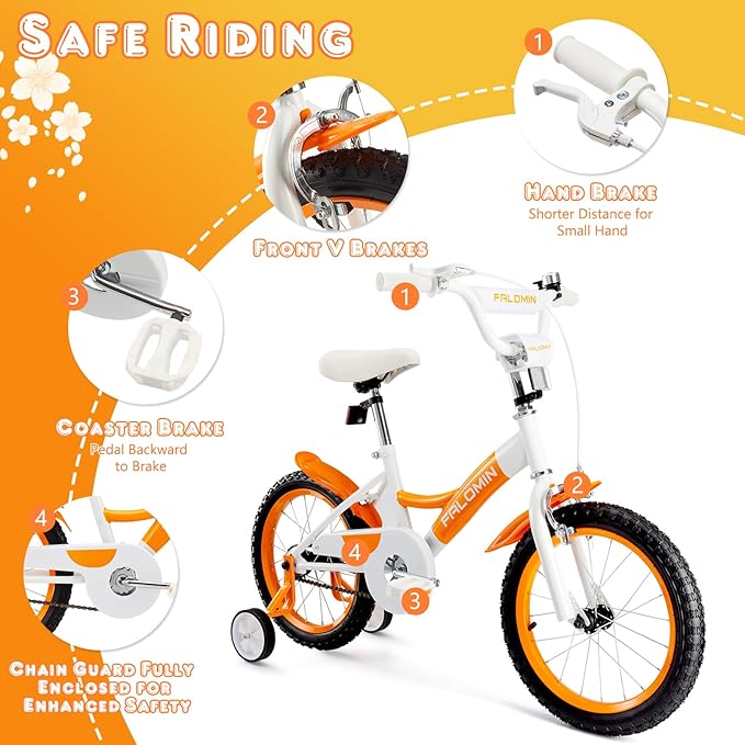 14/16/18 Inch Children’s Bike for Toddlers Kids Ages 3-9, Safe Non-Slip Tires, Removable Training Wheels, Coaster Brake, Easy Assembly, Perfect for Boys and Girls, Orange