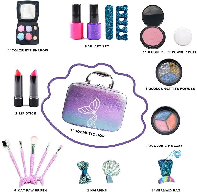 Kids Makeup Set for Girls - Non Toxic Washable Mermaid Makeup Kit, Little Mermaid Toys for Girl 5-7, 8-12，Princess Dress up Beauty Vanity Set，Ideal Party Gifts for Halloween Christmas and Birthday