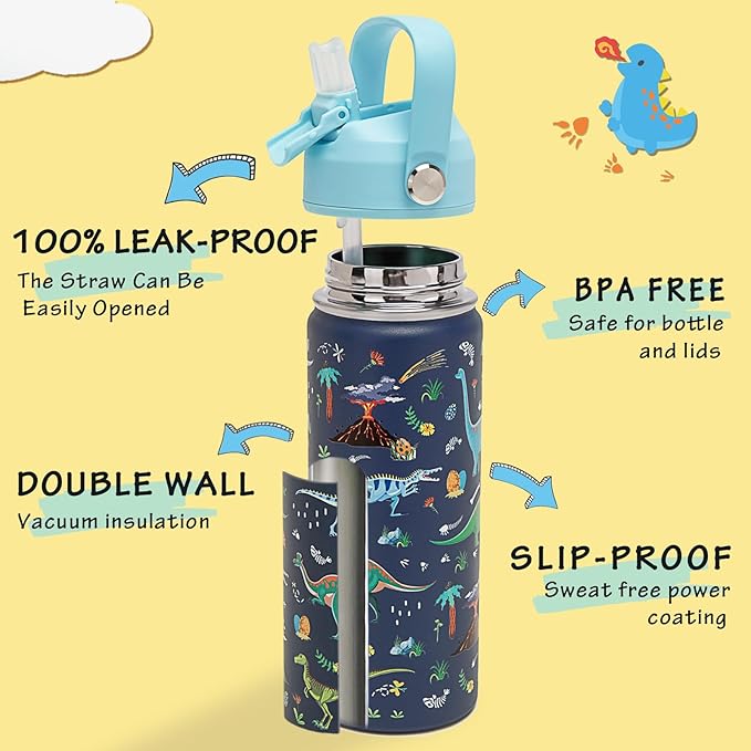 18oz Kids Insulated Water Bottle with Straw Lid - 18/8 Stainless Steel Kid Cup BPA-FREE Travel Tumbler Double Wall Vacuum Leak Proof Portable Toddler Water Bottle(Dinosaur)