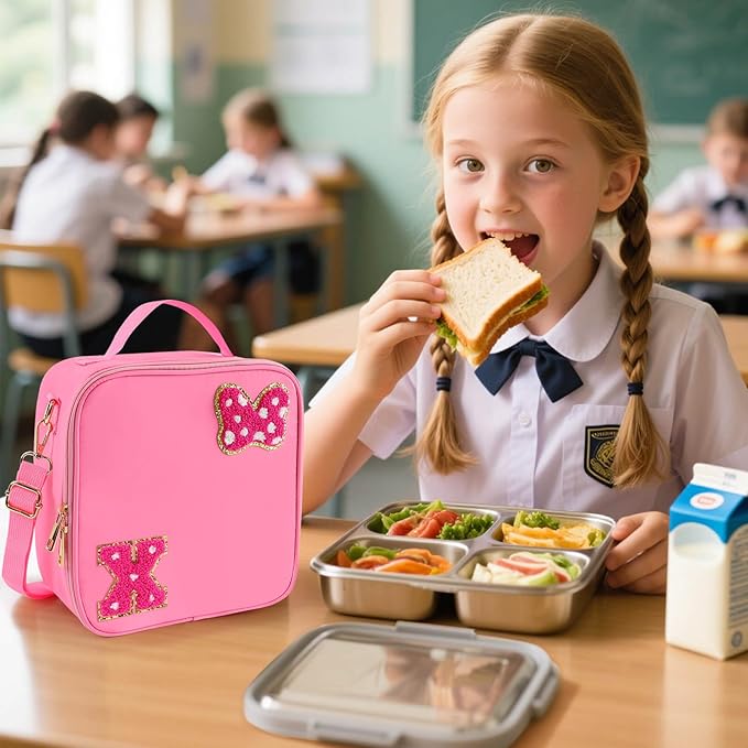 Preppy Initial Bow Mouse Lunch Bag, Kids Insulated Lunch Box Gifts for Teen Girls Daughter, Reusable Soft Lunch Containers Crossbody Cooler Bag Must Haves for Park Travel School Work Picnic Pink X