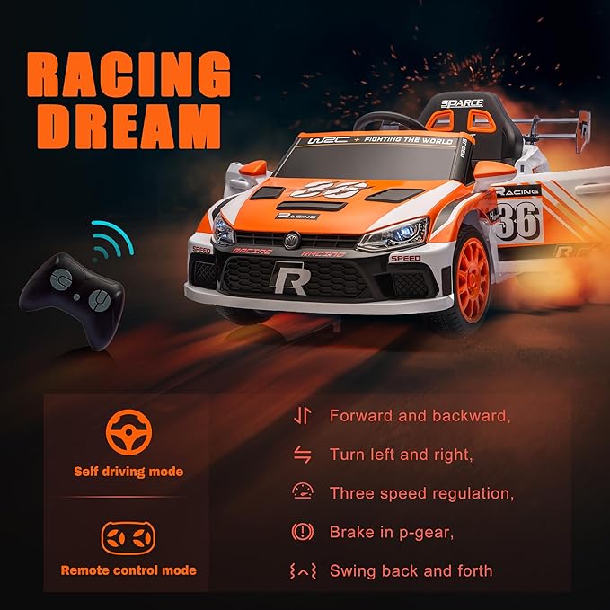 Kids Ride on Car with Parent Remote Control,12V Battery Powered Electric Vehicles for Kids Ages 3-8,Powerful Motor 3-Speed Sports Car Ride-on Toys w/Music,LED Lights,Suspension System (Orange)