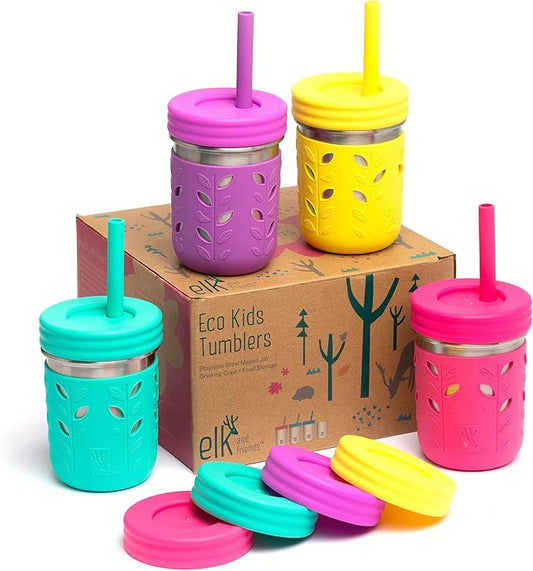 Elk and Friends 10oz Stainless Steel Kids + Toddler Drinking Cups | The Original Mason Jar with Sleeves + Lids | Silicone Straws | Smoothies | Storage Jar | Spill Resistant | Dishwasher Safe | 4 Pack