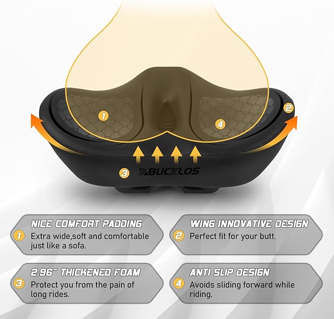BUCKLOS New Noseless Bike Seat for Comfort Men&Women Extra Wide Bicycle Seat Cushion Oversized Comfortabele Foam Padded Bike Saddle for Peloton Exercise Bike Ebike Cruiser Bikes