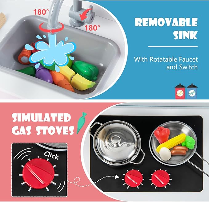 Costzon Kids Kitchen Playset, Wooden Pretend Toddler Kitchen Toy Set w/Sound, Microwave, Oven, Ice Maker, Range Hood, Stoves, Sink & 18 Accessories, Pink Play Kitchen for Girls Ages 3+