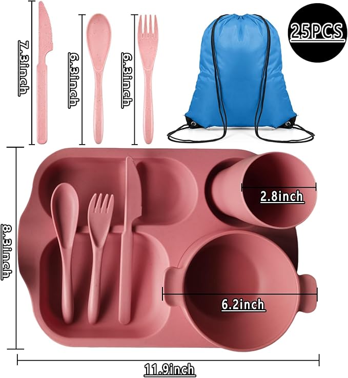 25 Pcs Wheat Straw Dinnerware Sets BPA Free Lightweight Bowl Reusable Dinner Plates Microwave Dishwasher Safe Cup Portable Spoon Knife Fork Dinnerware for Kids Aldult Home School Office Picnic Travel