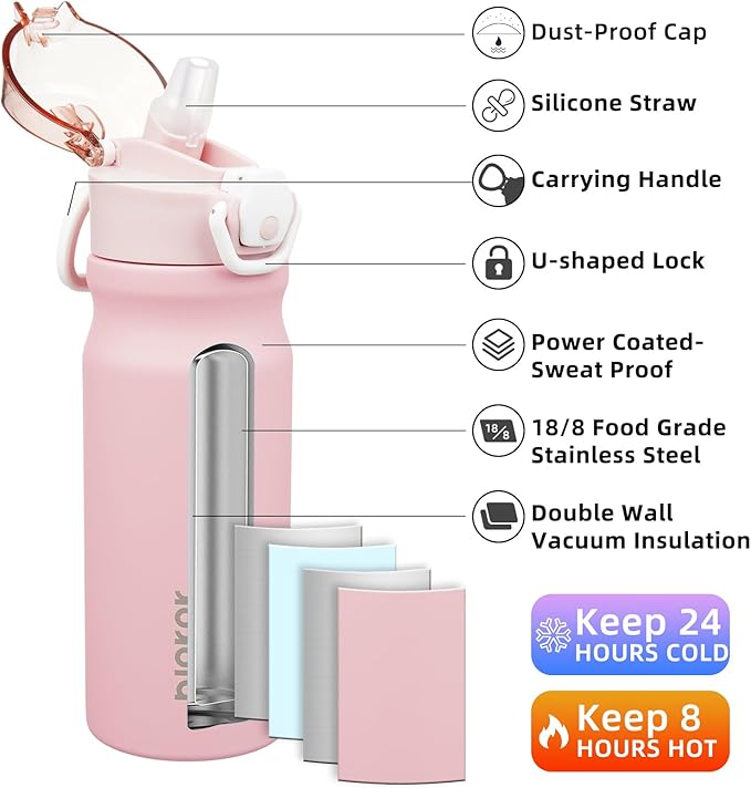 BJPKPK Water Bottle With Straw 18oz Insulated Water Bottles Reusable Stainless Steel Metal Thermo With Leak Proof Lockable Lid And Carry Handle,Light Pink