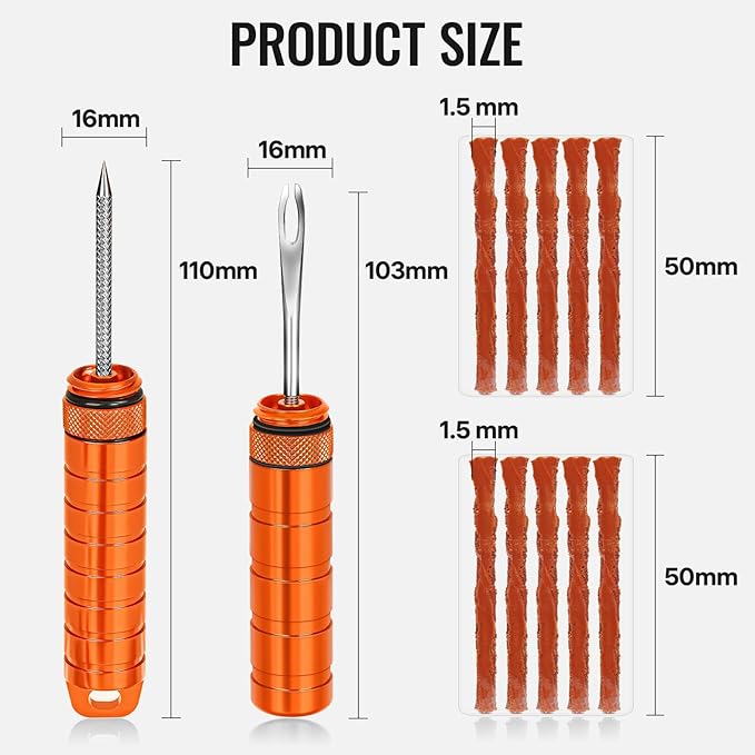 BWSHLF Tubeless Bike Tire Repair Kit for Mountain Bikes & Road Bicycles, Tubeless Tire Plug Kit with Storage Canister, Reamer, Insertion Fork, 10 Bacon Strips, Fix a Puncture or Flat, No Glue Needed