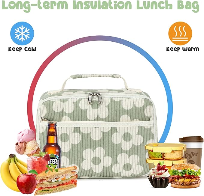 Bluboon Insulated Lunch Bag for Girls & Boys, Corduroy School Lunch Box with Cooler & Organizer Compartments, Leak-Proof Lunch Tote for School, Travel