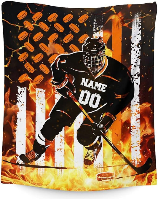 Personalized Ice Hockey Throw Blanket Gifts with Name for Boys, Sport Blanket for Kids Teens Adults Ice Hockey Lovers, Custom 60x50 Inches Soft Blankets for Sofa Couch Bed