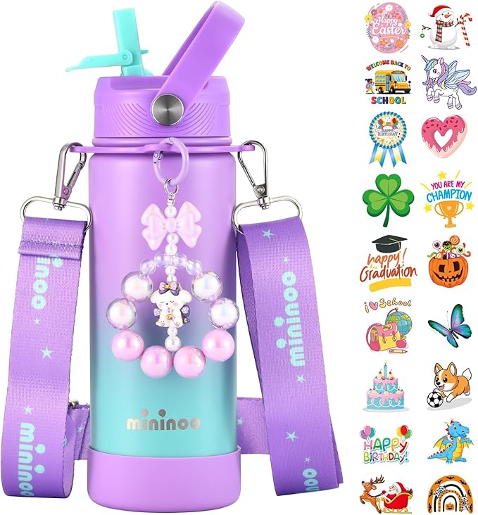 Mininoo Insulated Stainless Steel Kids Water Bottle for School with Straw Lid & Strap, 50 Stickers, 18 oz(Purple/Sky)