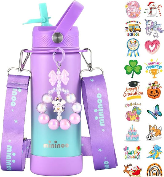 Mininoo Insulated Stainless Steel Kids Water Bottle for School with Straw Lid & Strap, 50 Stickers, 18 oz(Purple/Sky)