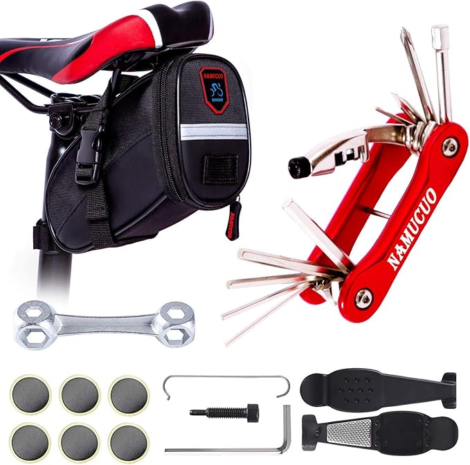 YBEKI 10-in-1 Bike Repair Kit with, 3-in-1 Tire Levers, Glueless Patches, Multifunctional Bone Wrench & Waterproof Saddle Bag | Compact Bicycle Multi-Tool Kit for Emergency Roadside Repairs