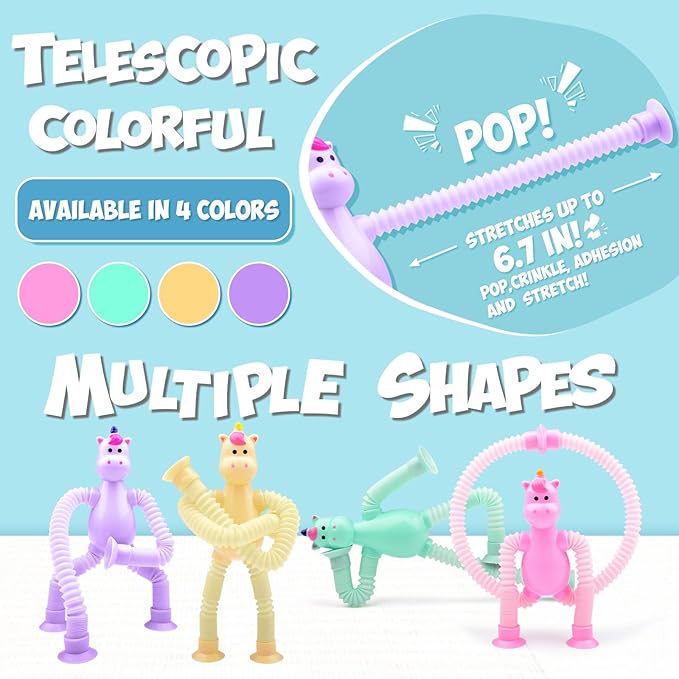 4Pcs Telescopic Suction Cup Unicorn Toys,Sensory Toys for Kids 3-5 5-7,Toddler Toy,Fidget Toy,Toddler Travel Essential for Airplane,Pop Tubes, Christmas Stocking for Kids Boys Girls H