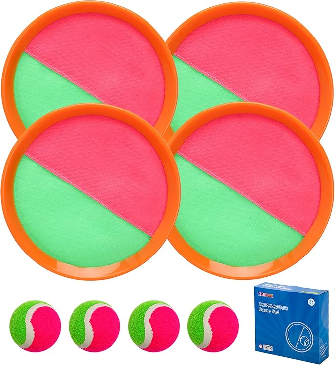 Outdoor Toys for Kids Ages 3-10-Toss and Catch Ball Set, Toss Games with 4 Orange Paddles 4 Sticky Balls, 1 Storage Bag, Paddle Ball Game for Kids/Family Boys Girl Gift