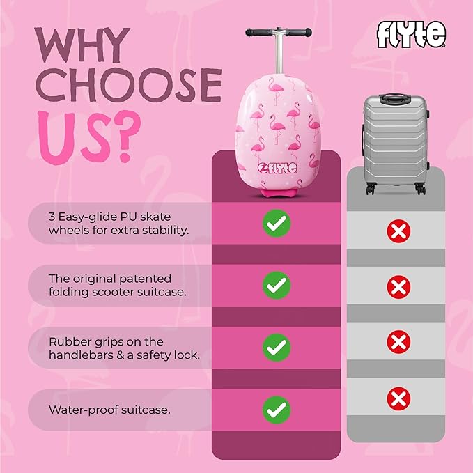Flyte Fifi the Flamingo Scooter Suitcase - 2-in-1, 18 inch Ride on Suitcase for Kids, 25 Litre Capacity Kids' Luggage on Wheels for Boys and Girls Aged 4+, Rideable Carry on Children's Suitcases