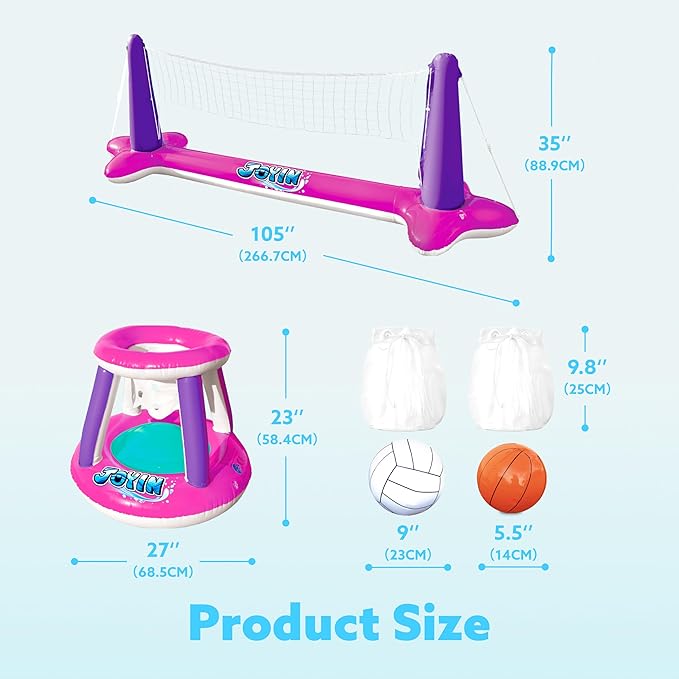 JOYIN Inflatable Pool Float Set Volleyball Net & Basketball Hoops, Floating Swimming Game Toy Floaties for Kids and Adults Volleyball Court (105”x28”x35”)|Basketball (27”x23”x27”),L-Pink Purple