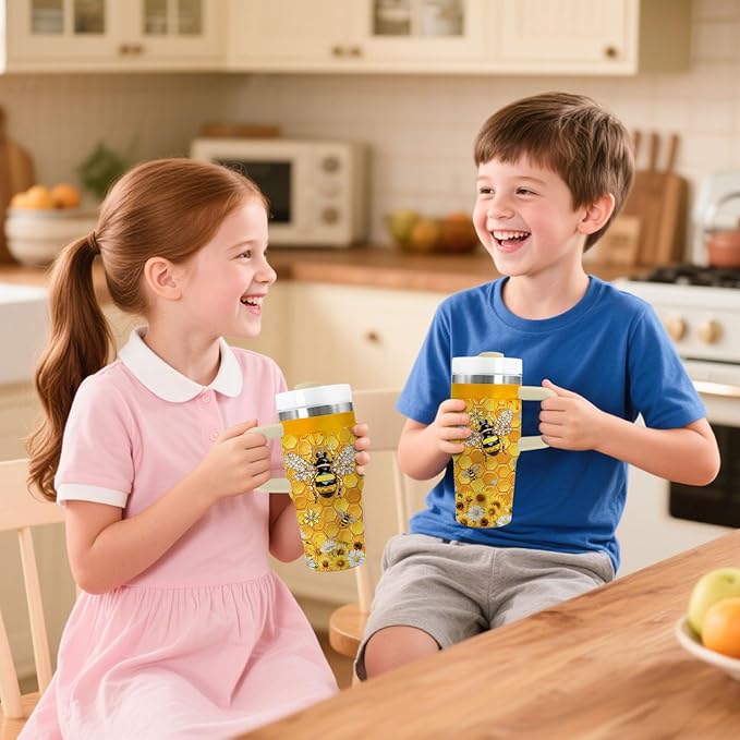 14oz Bee Tumbler with Handle, Stainless Steel Insulated Cup with Lid and Straw Personalized 14 OZ Bee Tumblers Gifts for Women Men