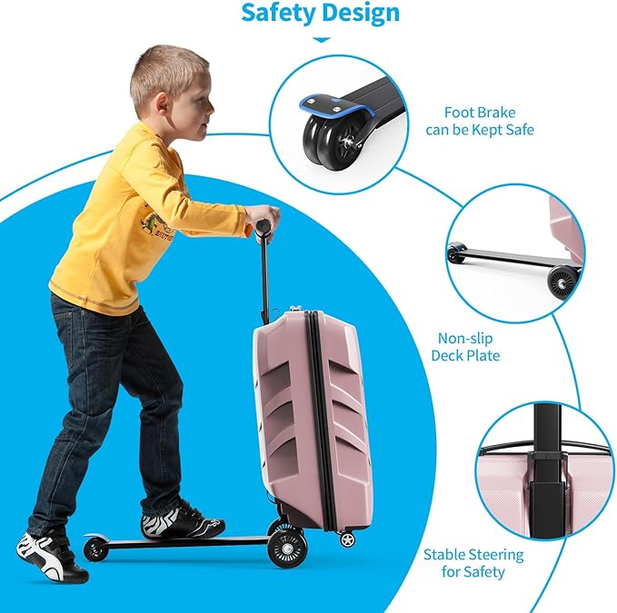 Scooter Suitcase 3-D Hardshell Ride Scooter Luggage for Kids Age 7-15, Cute Lightweight Kids Luggage with Wheels, Multifunctional Ride On Travel Trolley Scooter Combo-PINK, Girls Boys Suitcase