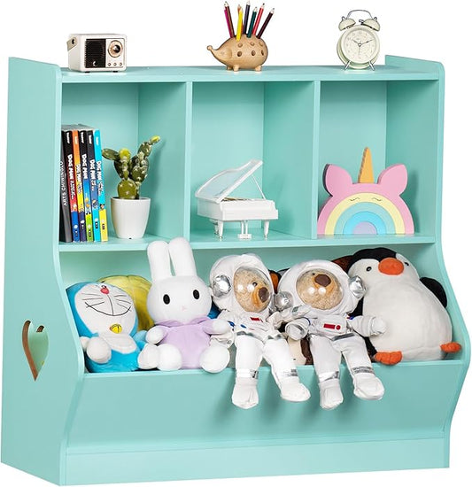 Lerliuo Kids Storage Organizer, Children Small Bookcase and Bookshelf, Toddler 4 Cubby Cabinet, Wood Book Shelf for Playroom, Bedroom, Living Room, Nursery, School 30.51'' H (Green)
