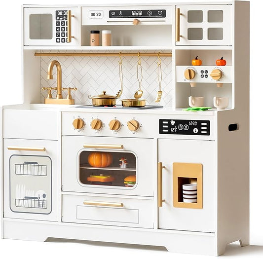 Interactive Wooden Play Kitchen Set for Kids Realistic Features with Extended Storage and 15 Kitchen Accessories, Ideal Pretend Playset Gift for Toddlers and Children Ages 3+