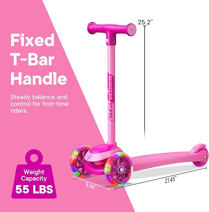 3 Wheel Scooter for Kids, Smooth Light Up LED Front Wheels, Wide Anti Slip Deck, Rear Foot Brake, Easy Lean to Steer Maneuvering, Indoor & Outdoor Ride On Toys for Ages 2 Up