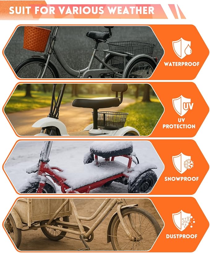 Adult Tricycle Cover – Waterproof Outdoor Trike Covers for 3 Wheel Bike, Heavy Duty 600D Oxford Fabric – Fits Adult Trike, Electric Tricycle, Cruiser or Road Bikes – UV, Snow & Rain Protection