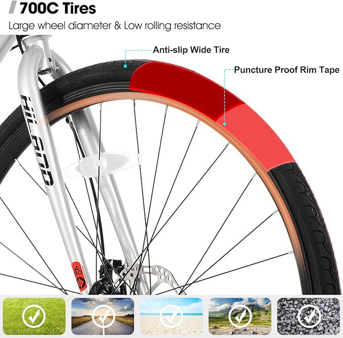 HH HILAND 700C Road Hybrid Bike, 21 speeds Bikes Urban City Commuter Bicycle with Disc Brake for Men Women Adult Comfortable Bicycle