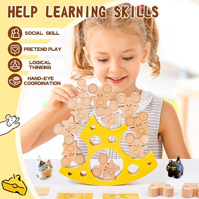 Wooden Cheese Mice Stacking Blocks Balancing Game for Kids of All Ages, Enhances Creativity Hand Eye Coordination Patience and Focus, Includes Storage Bag for Fun Family Play and Gifts