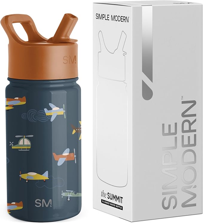 Simple Modern Kids Summit Water Bottle with Straw Lid | 14oz Stainless Steel Cup Insulated Tumbler for Toddlers, School | Wheels Up
