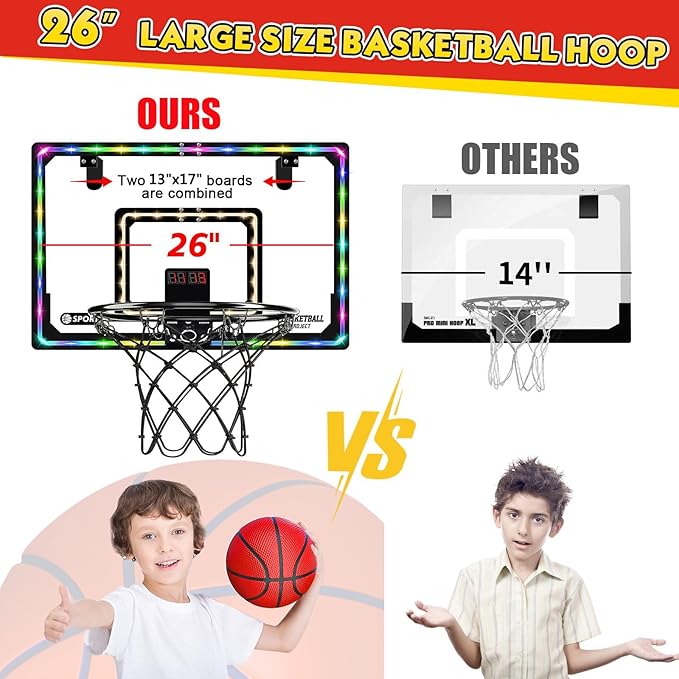 NZQXJXZ Extra Large 26" x 17" Pro Indoor Basketball Hoop Over The Door with LED Lighting Electronic Scoreboard, Mini Basketball Hoop for Kids, for Boys Girls Teens Adults W&B