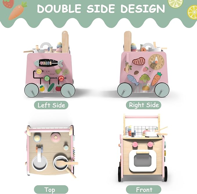 Wooden Baby Walker 4-in-1 with Push Walker Toys, Play Kitchen Accessories, Toddlers Montessori Sensory Toys, Walking Toys for Baby Girls Boys Learning to Walk