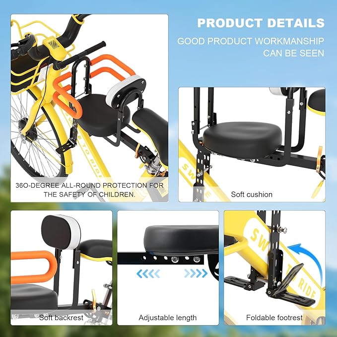 Child Bike Seat - Front Mount, Kids Bike Seat for Adult Bike,Retractable Baby Bike Seat Front Mounted, Toddler Bike Seat for Children 2~6 Years