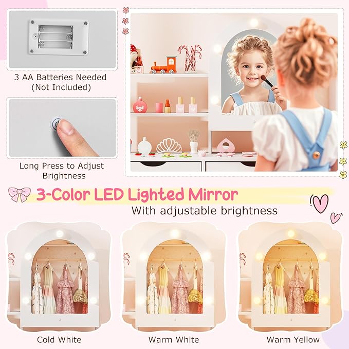 Costzon Kids Vanity with Lights, Girls Vanity Set with Mirror Cabinet, Storage Drawers, Hooks & Shelves, Toddler Makeup Vanity Desk Dressing Table, Wooden Kids Vanity Table and Chair Set (White)