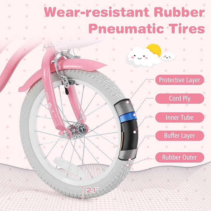 BABY JOY Kids Bike, 12 14 16 18 20 Inch Boys Girls Bike w/Adjustable Seat, Removable Basket, Handbrake & Coaster Brake, Training Wheels or Kickstand, Kids Bicycle with Multi-Color