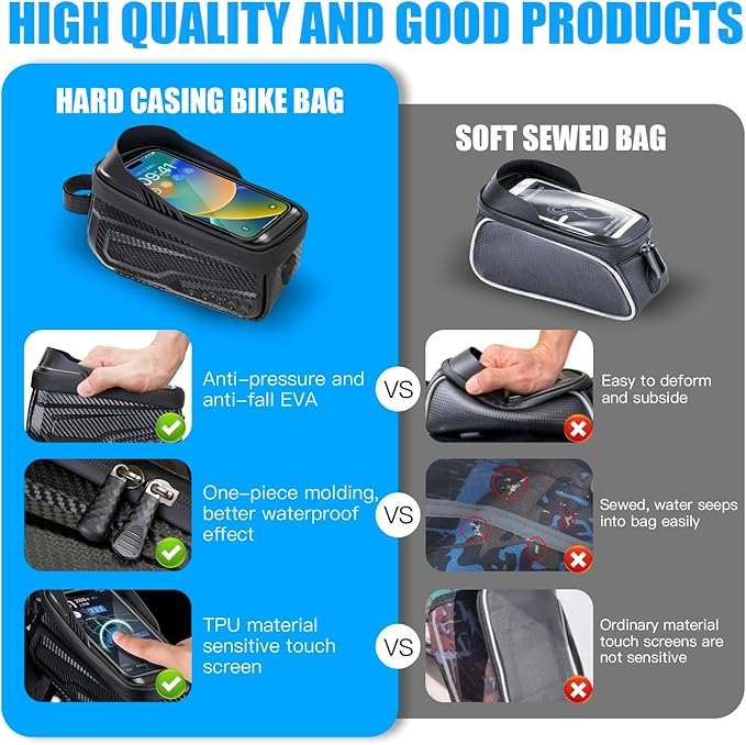 Waterproof Bike Bag, Long Extension Strap, Top Tube Bag Under 6.9'', Large Capacity, Touch Screen Compatible