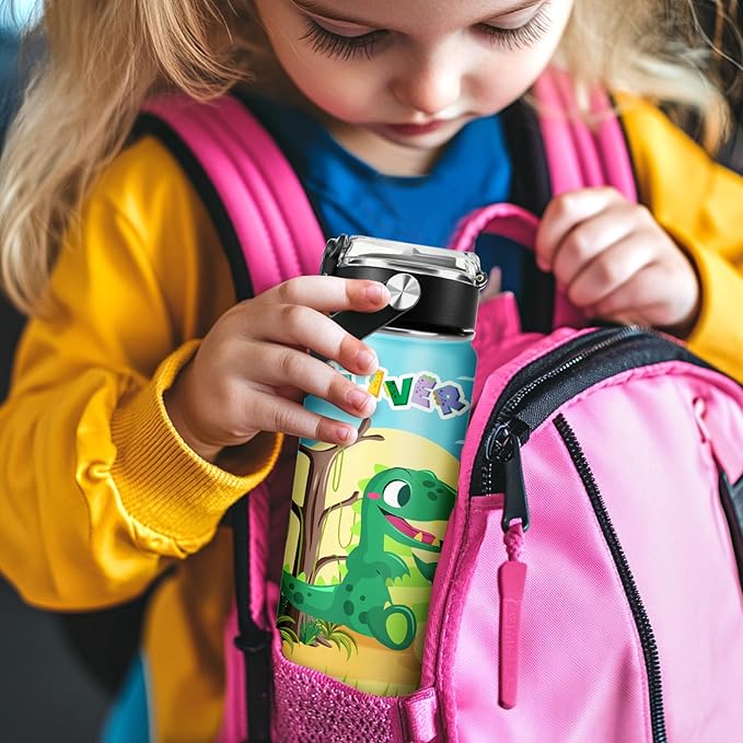 Personalized Kids Water Bottle with Name for School - Custom 18oz Water Bottle with Straw Lid Stainless Steel w/Engraved Names - Personalized Christmas Kids Gifts for Boys Girls (Ball)