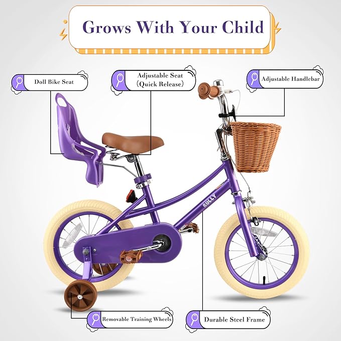 RULLY Donna Kids Bike for Girls Ages 2-7 Years, 12 14 16 Inch Princess Girls Bicycle with Doll Bike Seat, Training Wheels, Basket and Streamers, Kids Cycle Bikes, Multiple Colors