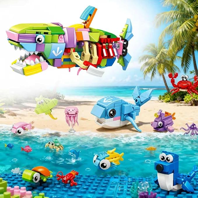 Marine Animal Building Blocks Set, 12-in-1 Ocean Creatures Shark Toy, Creative Party Favors for Kids, Classroom Prizes, Birthday Gifts for Boys & Girls (12 Pack)