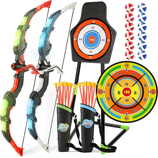 2 Pack Bow and Arrow Set with 29in Large Dart Board, LED Light Up Archery Set for Kids with 20 Suction Cup Arrows&12 Sticky Balls Standing Target Indoor Outdoor Toys Must Have for Boys Girls 3-12 yo