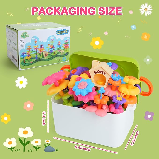 Flower Garden Building Toys for 3-7 Year Old Girls - Best Birthday Gifts for Toddler Ages 3-5 5-7, Educational Kit with 120+ Pieces, Stacking Pretend Play Set for Preschool Kids