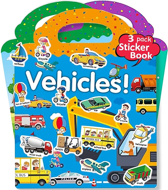 Reusable Sticker Books for Kids, 3 Sets Travel Removable Toddler Sticker Books for 3 4 5 Year Old Girls Boys Birthday Gifts Educational Learning Toys for Age 3-6 - Farm & Zoo Animal, Vehicle