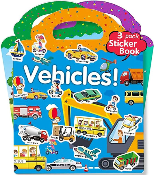 Reusable Sticker Books for Kids, 3 Sets Travel Removable Toddler Sticker Books for 3 4 5 Year Old Girls Boys Birthday Gifts Educational Learning Toys for Age 3-6 - Farm & Zoo Animal, Vehicle